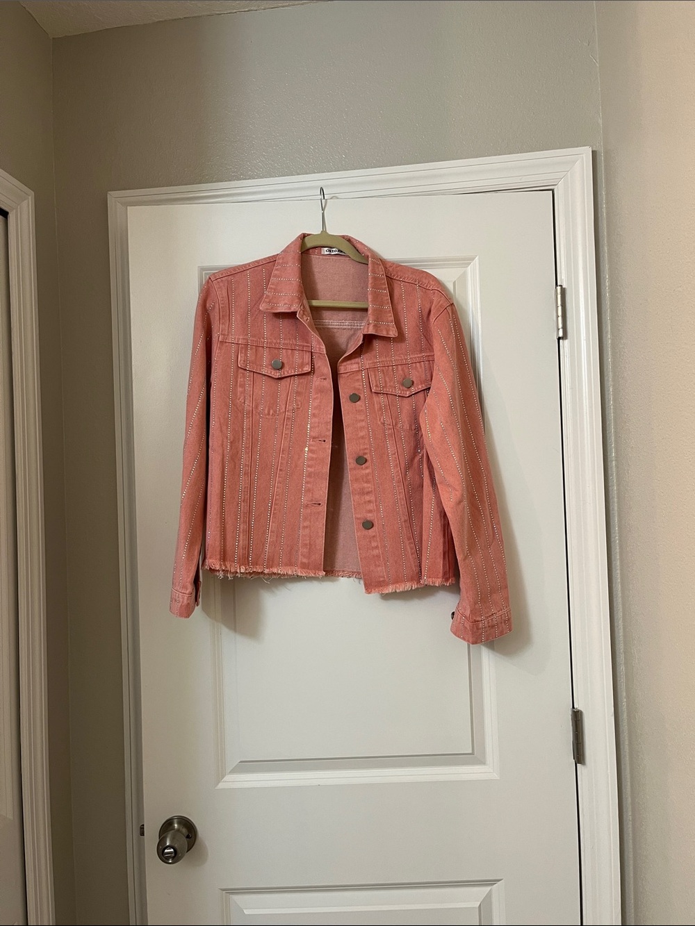 Coral Pink Denim Jacket with Metallic Stitching - Women’s Jean Jacket